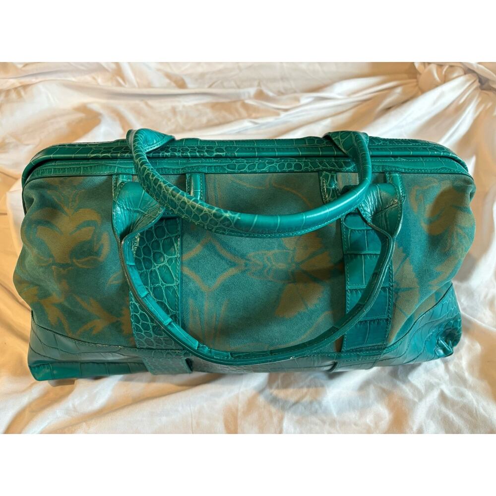 Furla Leather Handbag Large Turquoise Crocodile And Flowers Magnetic Closure
